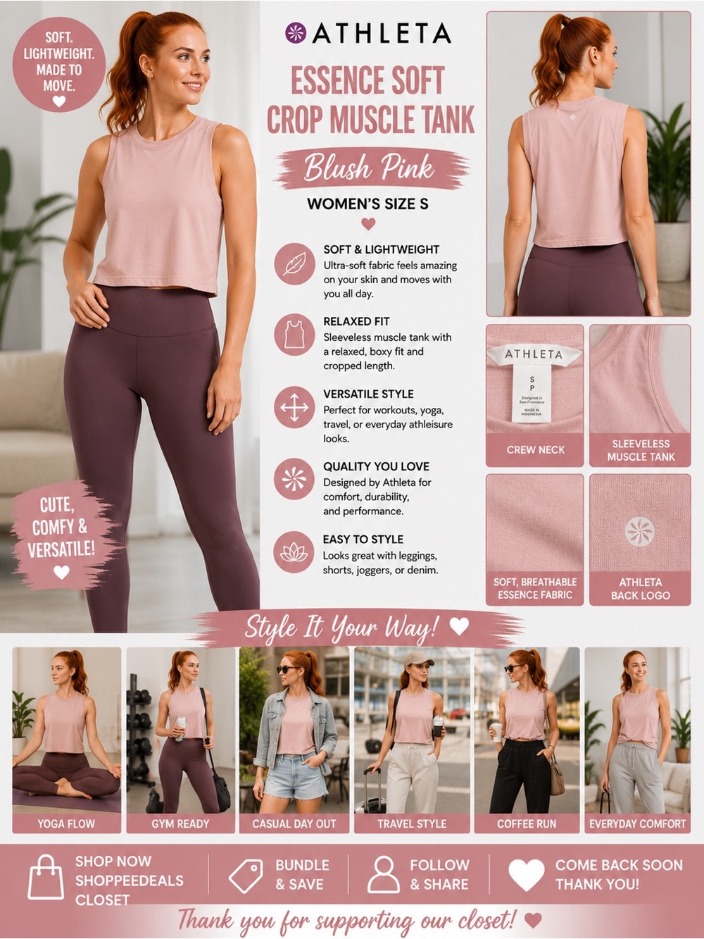 Athleta Essence Soft Crop Muscle Tank – Women’s Small –